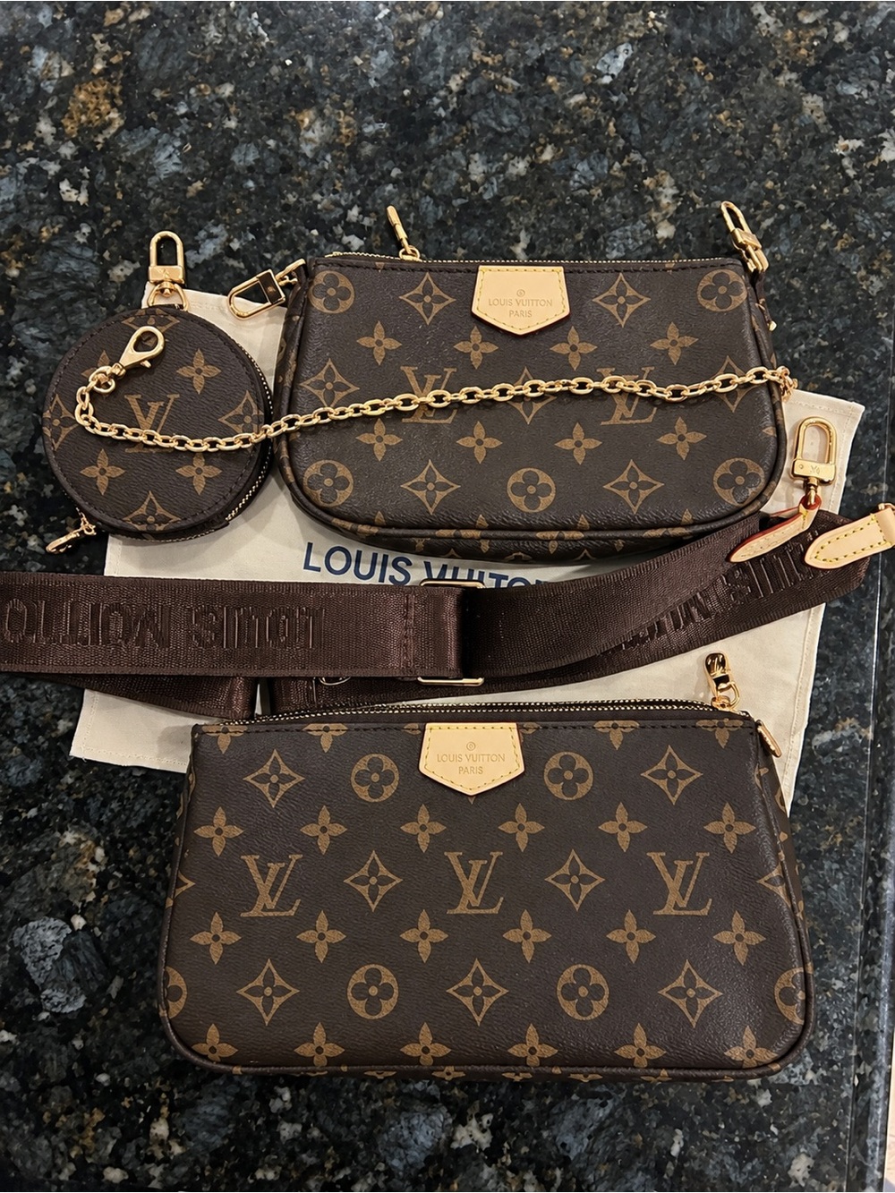 Designer- Inspired Brown & Gold Monogram-Style Triple Pouch Crossbody